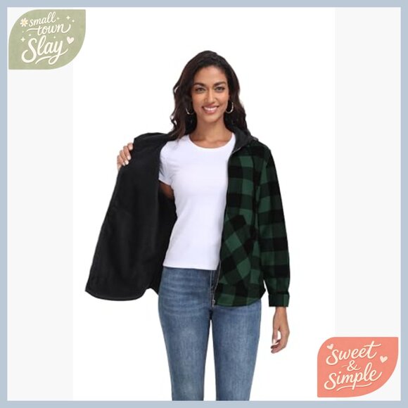 Women's Plaid Fleece Jacket Hooded Full Zip Casual Fall Winter Warm - Picture 5 of 7